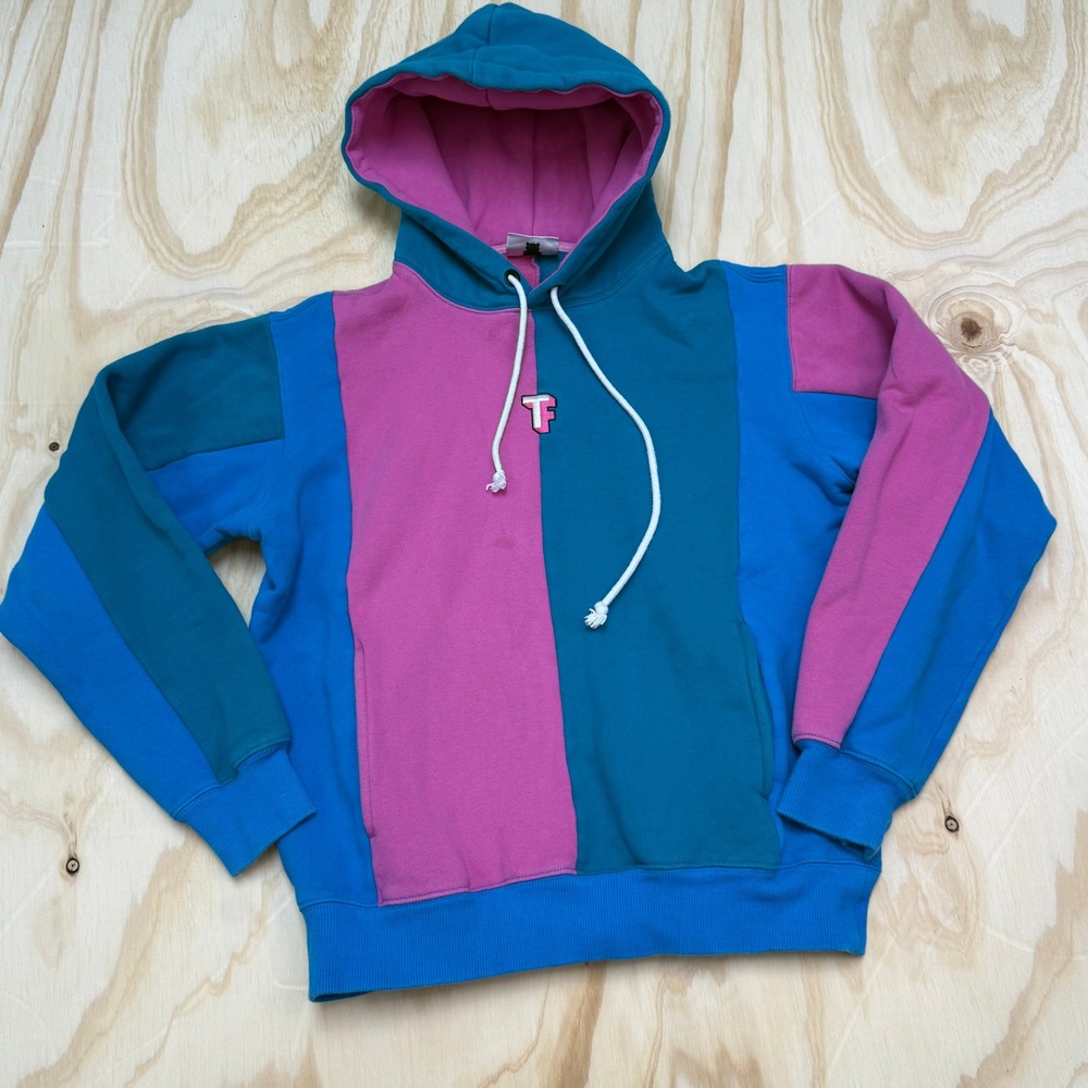 Teddy Fresh Colorblock Hoodie Pink Teal Blue Vertical Panel Sweatshirt Small